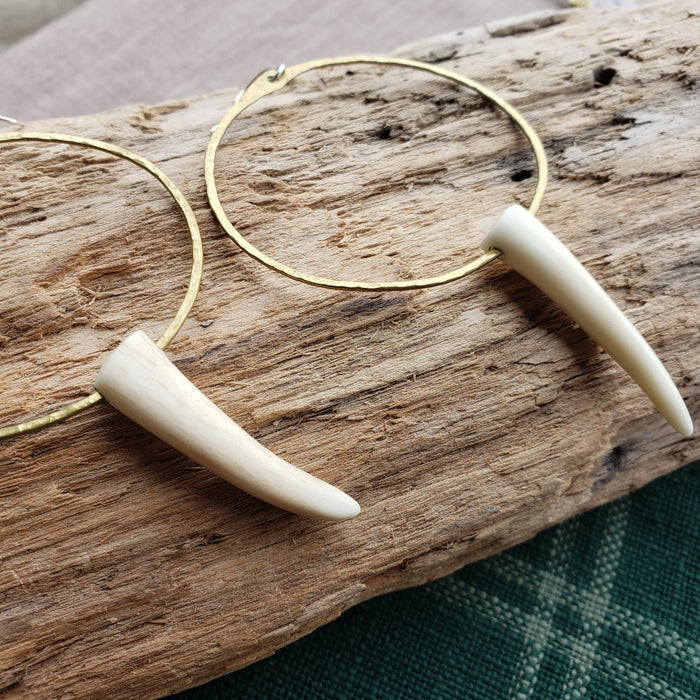 Handmade Brass & Antler Tip Hoop Earrings
