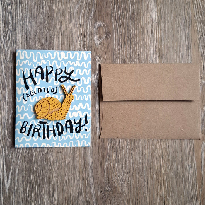 "Happy (Belated) Birthday" Snail Wooden Magnet + Greeting Card