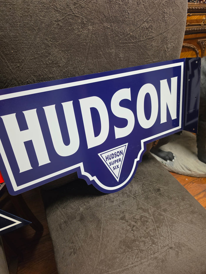 Hudson Super Six metal sign. Double sided with mounting flange