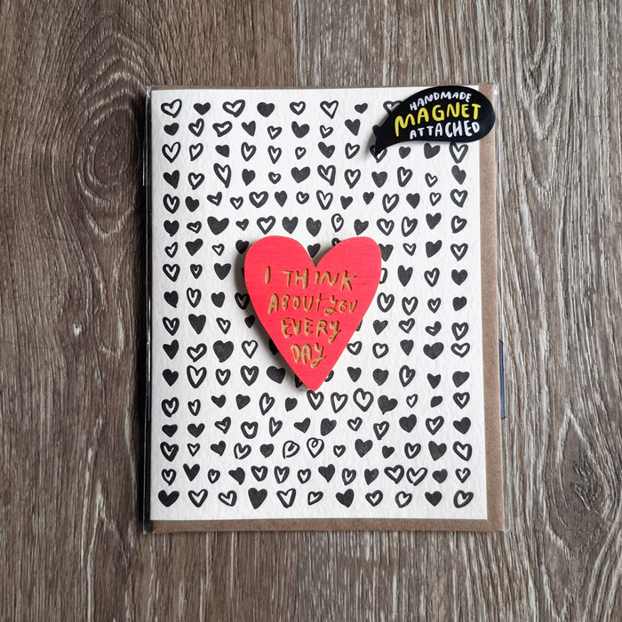 "I Think About You Every Day" Wooden Magnet + Greeting Card