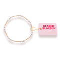 A gold-filled bracelet with silver beads and a label that reads 'BEADED BLONDES'.