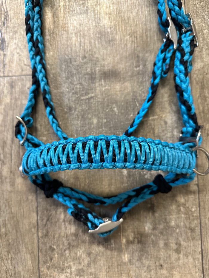 Turquoise  and black complete bitless bridle side pull hackamore with reins ....pony, Cob, Horse. or Draft horse size