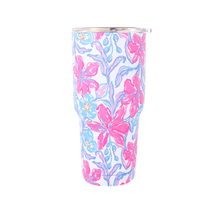 Floral-patterned tumbler on a white background