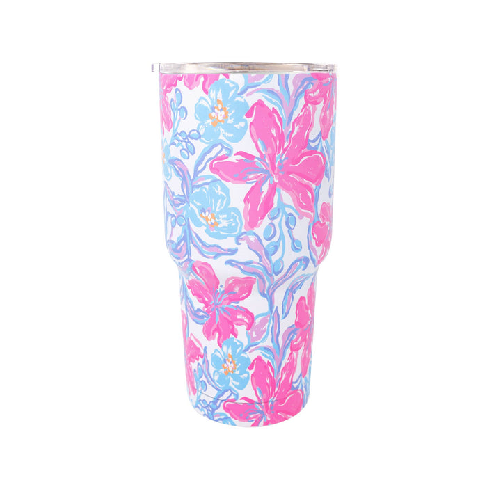 Floral-patterned tumbler on a white background