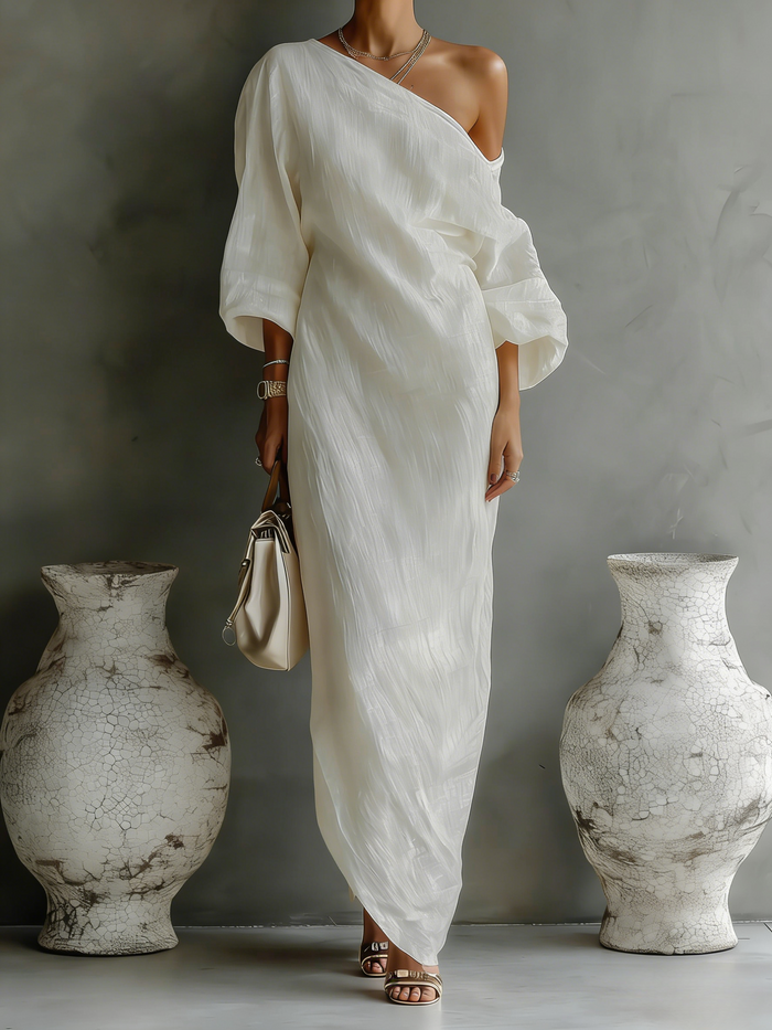 Ivory White One-Shoulder Cotton-Linen Maxi Dress
