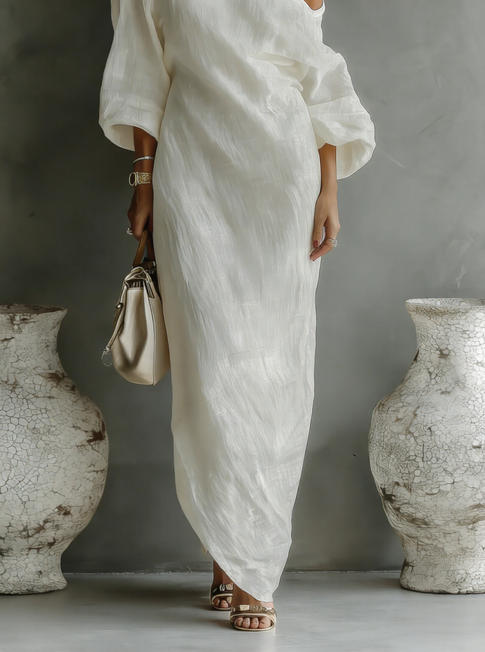 Ivory White One-Shoulder Cotton-Linen Maxi Dress