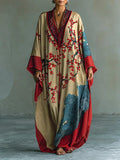 Japanese Red Plum Blossom Print Batwing Sleeve Maxi Dress