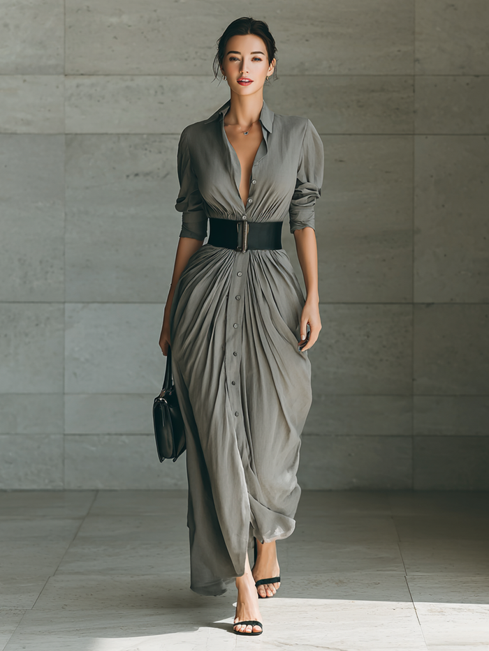 Ladies Lapel Long Sleeve Single Breasted Belt Maxi Dress MDA1758G1Y