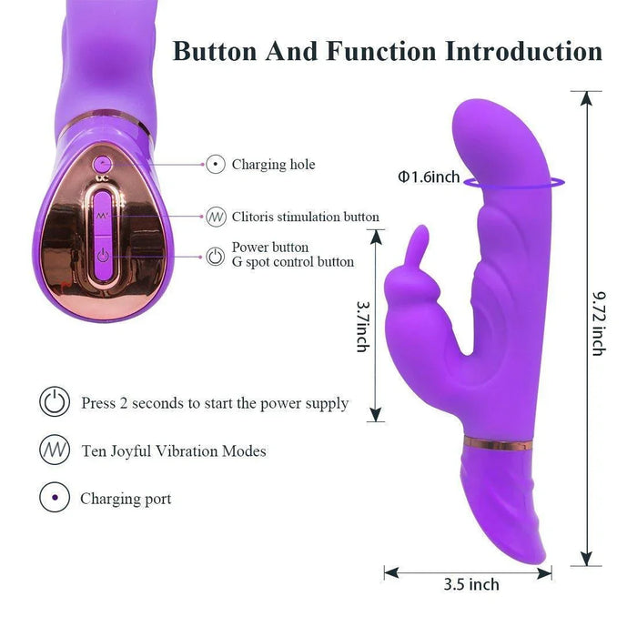 Purple large-size rabbit vibrator for women with labeled features, control buttons, and measurements.