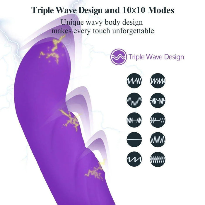 Purple rabbit vibrator with triple wave design, showcasing vibration modes and ergonomic shape.
