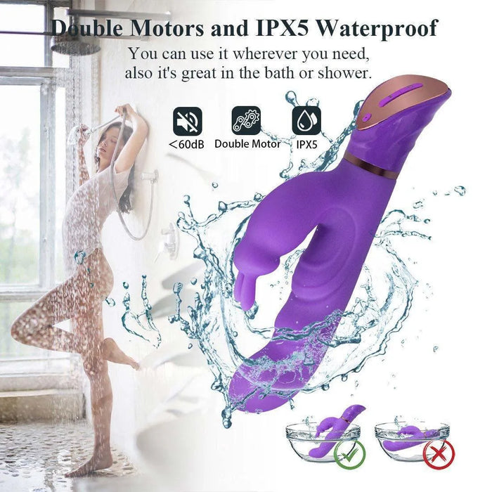 Purple waterproof dual-motor rabbit vibrator with splash effect, shower setting background.