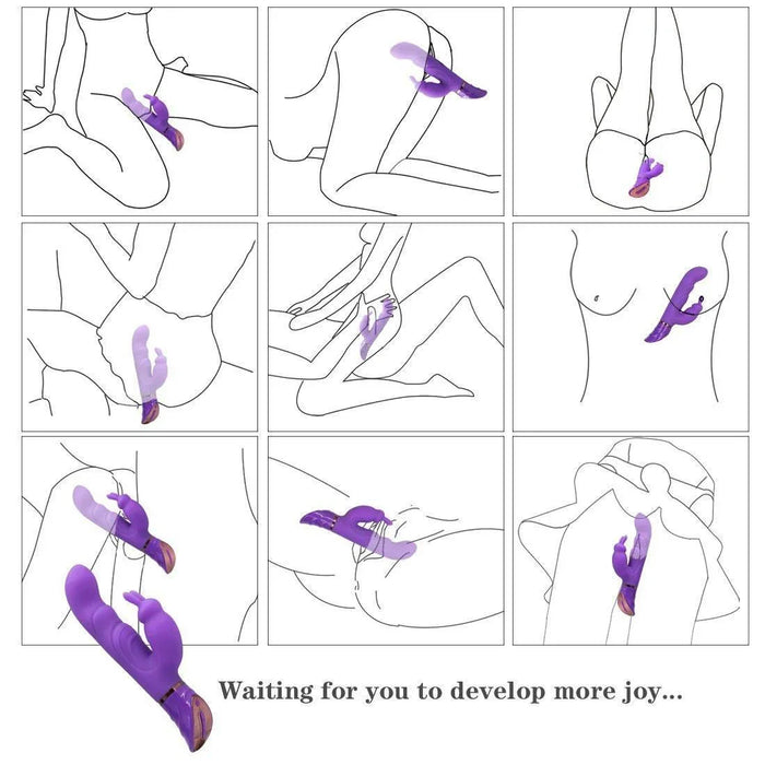 Illustration showing various uses of a purple rabbit vibrator for women