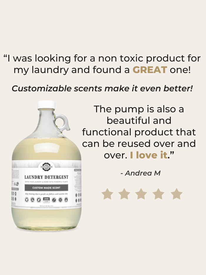 Positive Rustic Strength - Custom Scent Laundry Detergent Review from Andrea M.: "I was looking for a non toxic product for my laundry and found a GREAT one! Customizable scents make it even better! The pump is also a beautiful and functional product that can be reused over and over. I love it!"