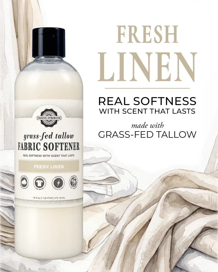 Rustic Strength - Grass-Fed Tallow Fabric Softener | 16oz Plastic | Fresh Linen. Real softness with scent that lasts. Made with grass-fed tallow.