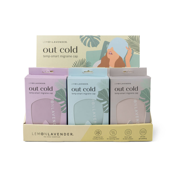 Display of Lemon Lavender 'out cold' temp-smart migraine caps with packaging on a white background.