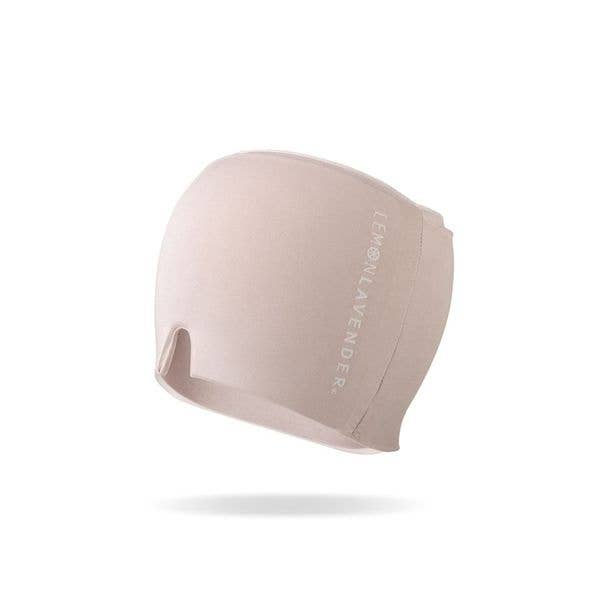 Beige migraine cap with 'LEMON LAVENDER' branding on a white background