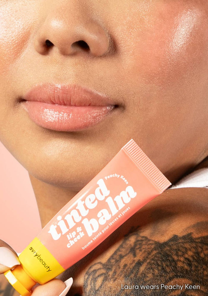Tinted balm product with a close-up of a person's lips and skin.