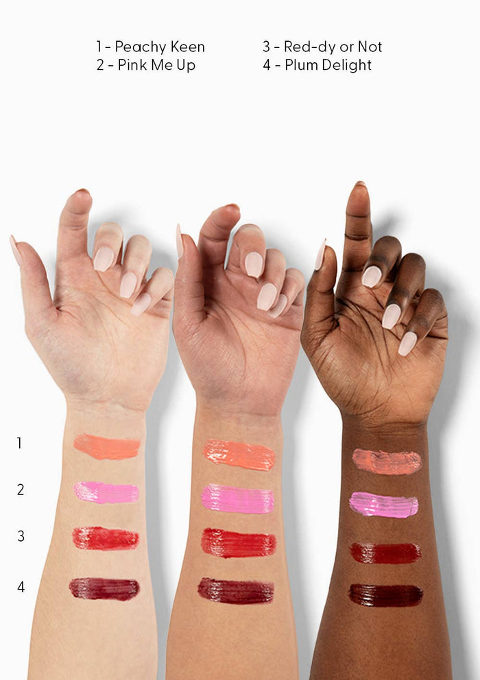 Lipstick swatches on three different skin tones with color names above each swatch.