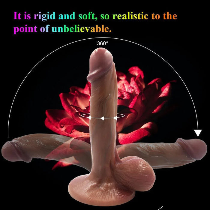 Realistic silicone dildo with lifelike texture, 360-degree flexible design, adult toy on black floral background.