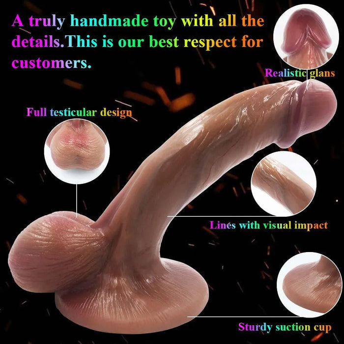 Realistic silicone dildo with textured veins, full testicle design, and suction cup base.