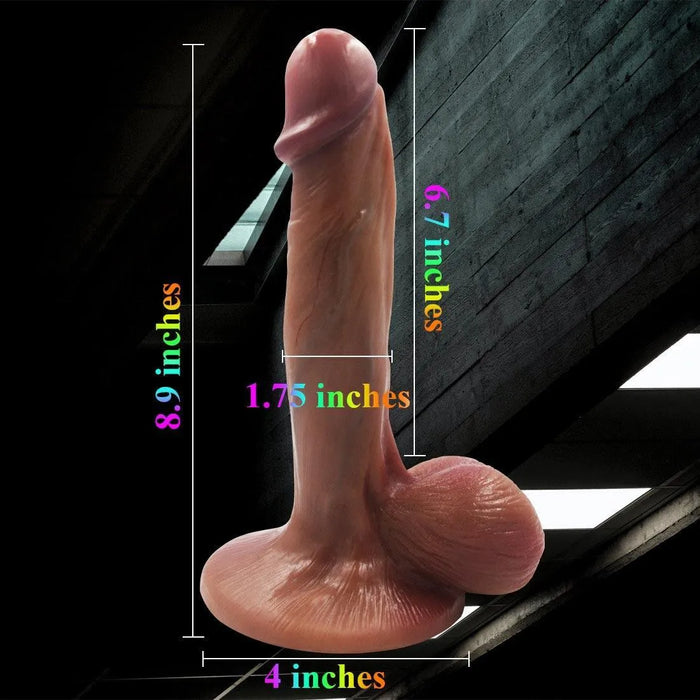 Realistic silicone dildo with lifelike texture, detailed veins, and dimensions labeled in inches.