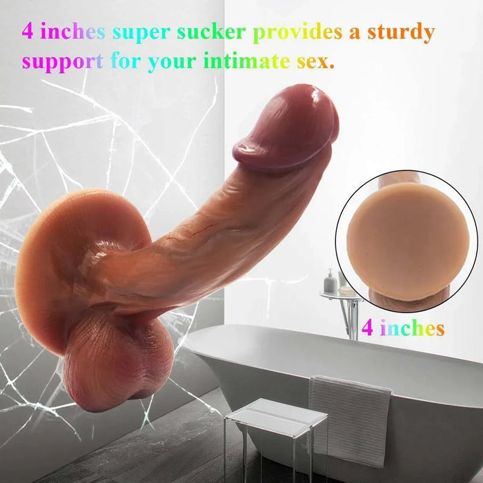 Realistic silicone adult toy with strong suction base, showcased in a modern bathroom setting.