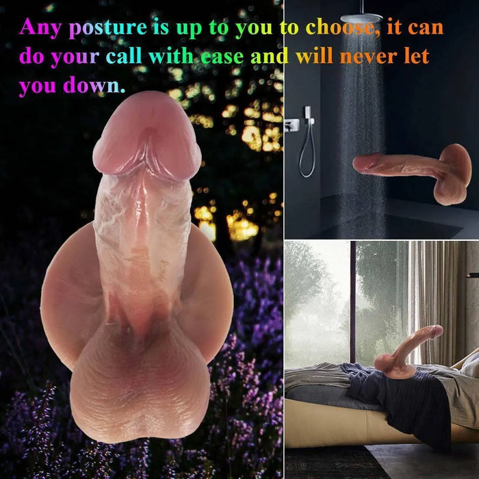 Realistic silicone big dildo with lifelike texture, shown in multiple settings for versatile use.