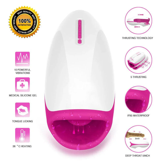 White and pink male training toy with thrusting, vibration, heating, waterproof features