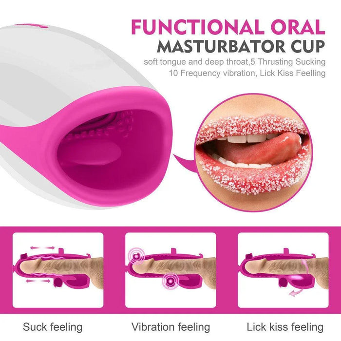 Pink and white automatic male toy with oral stimulation features, soft silicone texture, and vibration modes.