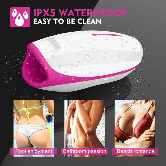 White and pink waterproof personal massager with water droplets and lifestyle images.