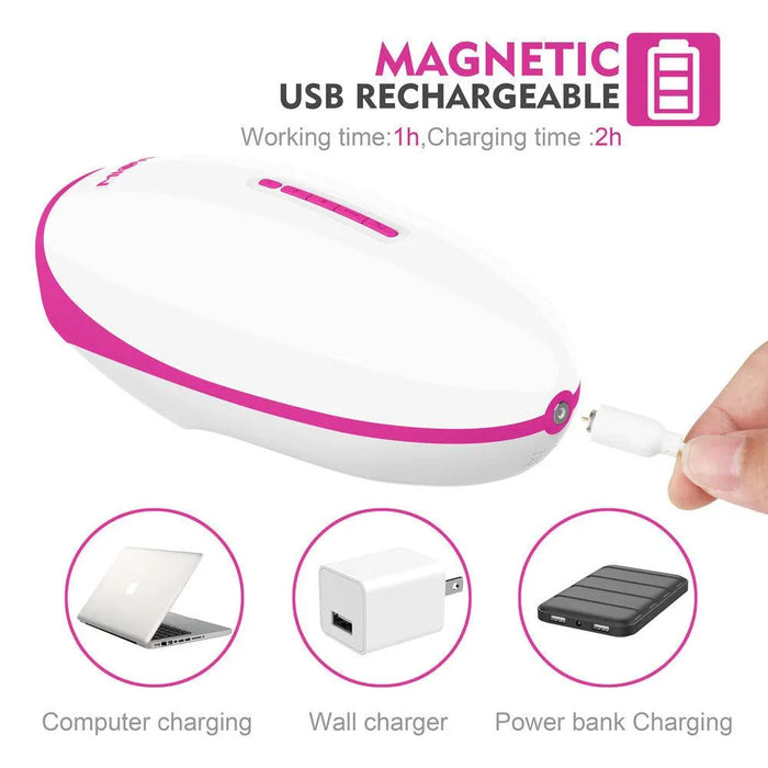 White and pink magnetic USB rechargeable adult toy with charging options displayed below