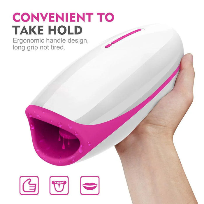 Hand holding ergonomic male personal stimulator with white and pink design and icons.