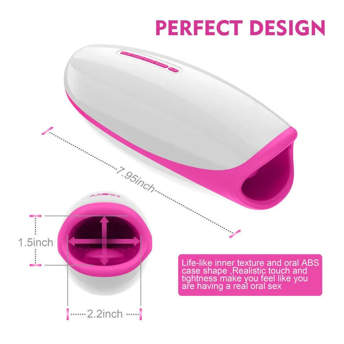 Pink and white male pleasure toy with detailed measurements and control buttons, modern design.