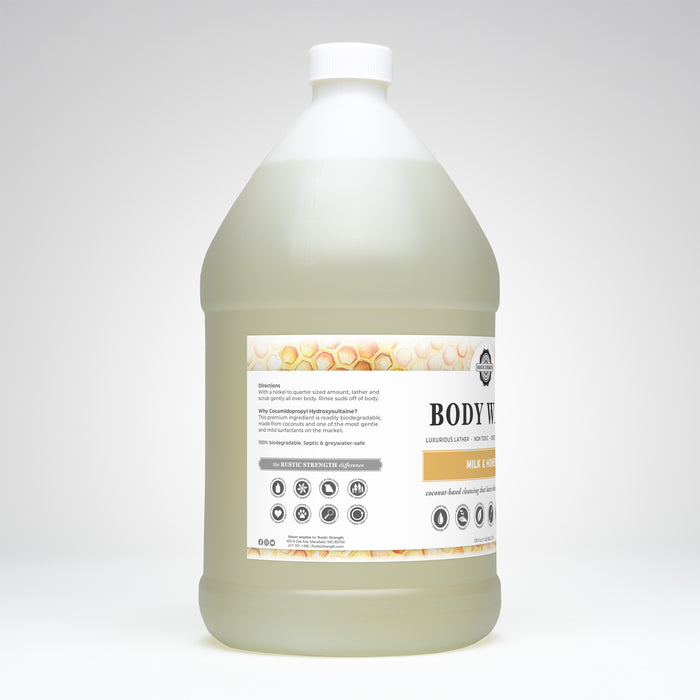 Rustic Strength, Body Wash, 128oz Plastic, Milk & Honey, Side View Left