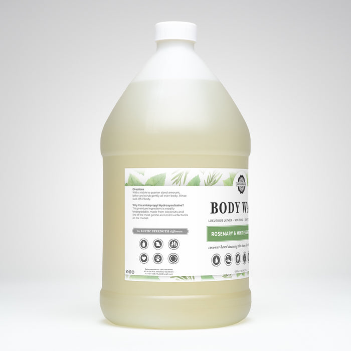 Rustic Strength, Body Wash, 128oz, Plastic, Rosemary & Mint, Side View Left