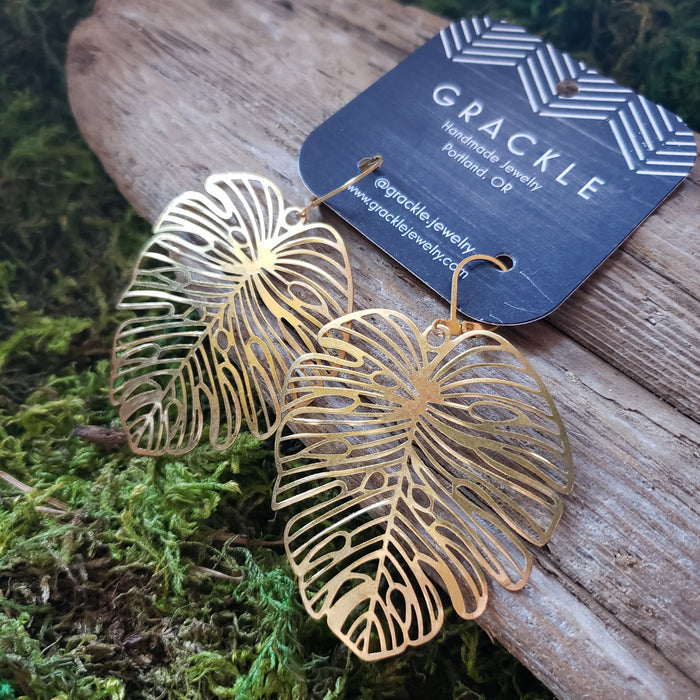Monstera Cutout Brass Earrings