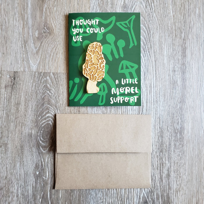 "Morel Support" Mushroom Wooden Magnet + Greeting Card