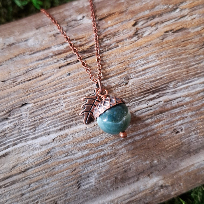 Moss Agate Acorn Copper Necklace