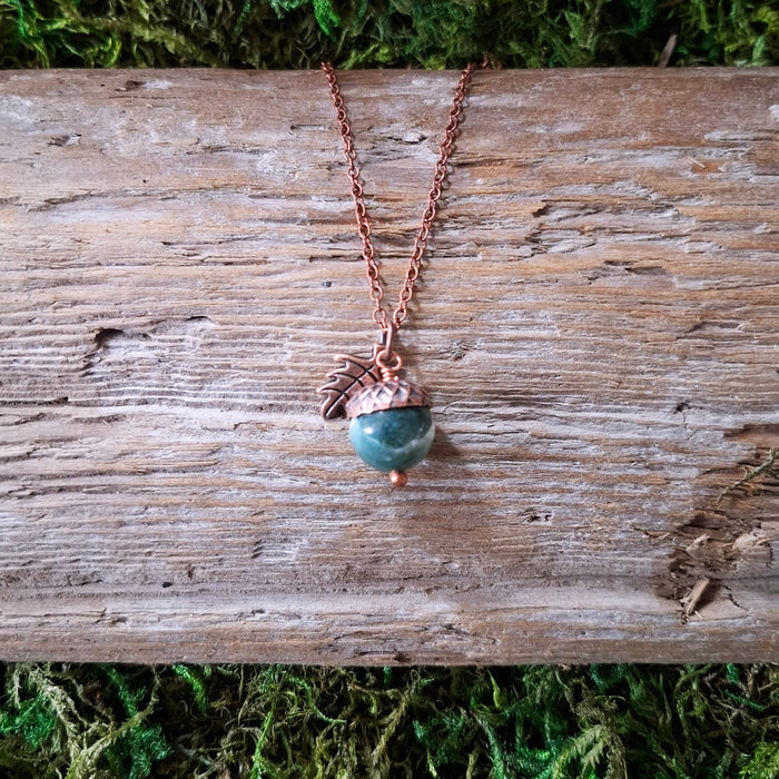 Moss Agate Acorn Copper Necklace