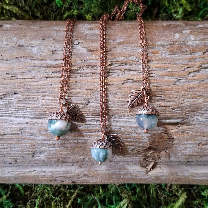 Moss Agate Acorn Copper Necklace