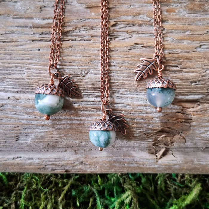 Moss Agate Acorn Copper Necklace