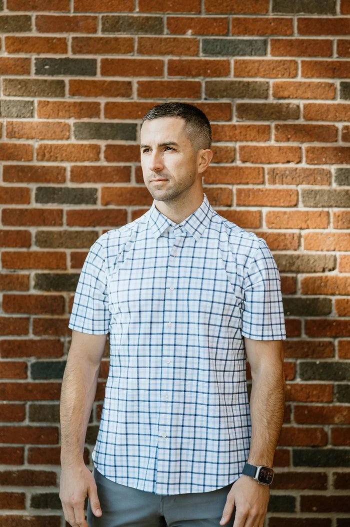Navy Light Blue Windowpane Short-Sleeve Shirt