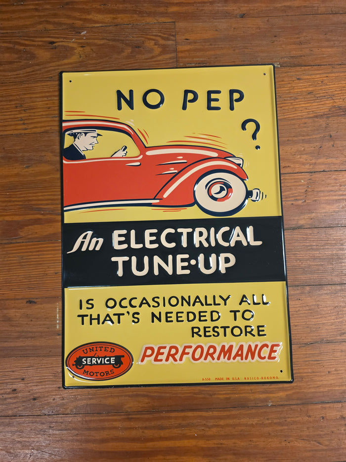 No Pep United Service Motors metal sign