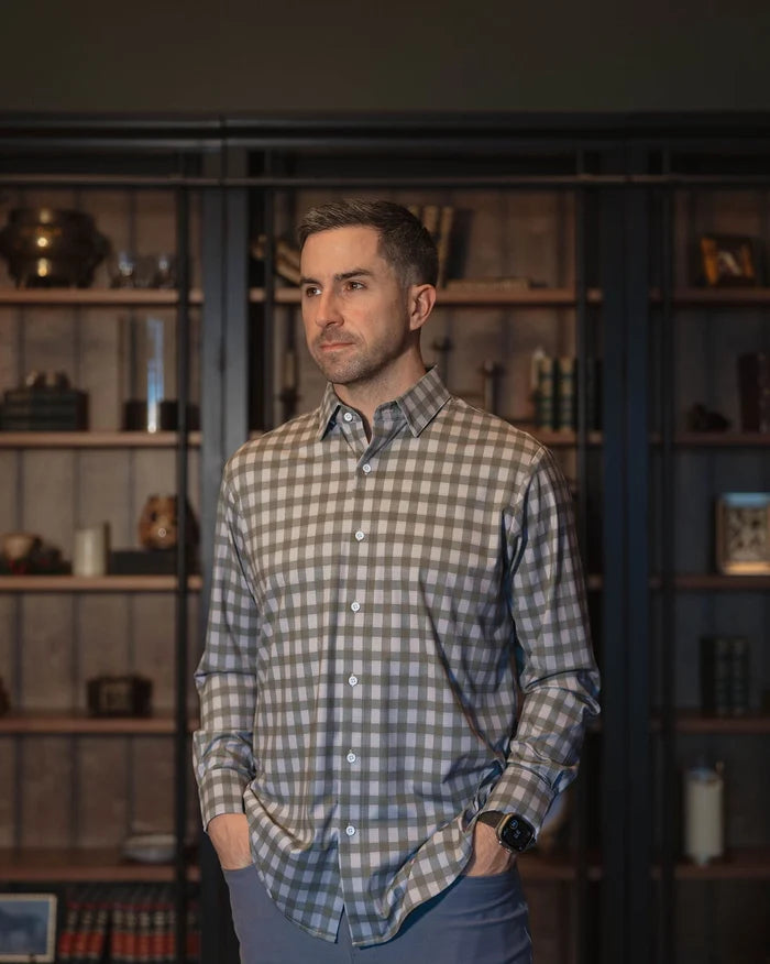 Olive Grey Gingham No Tuck Long-Sleeve Shirt