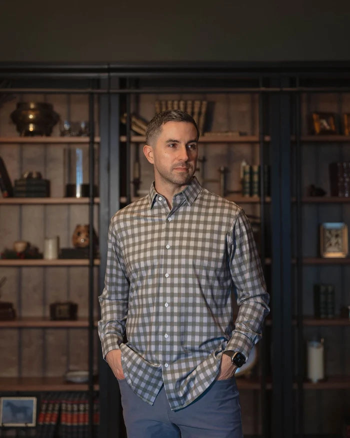 Olive Grey Gingham No Tuck Long-Sleeve Shirt