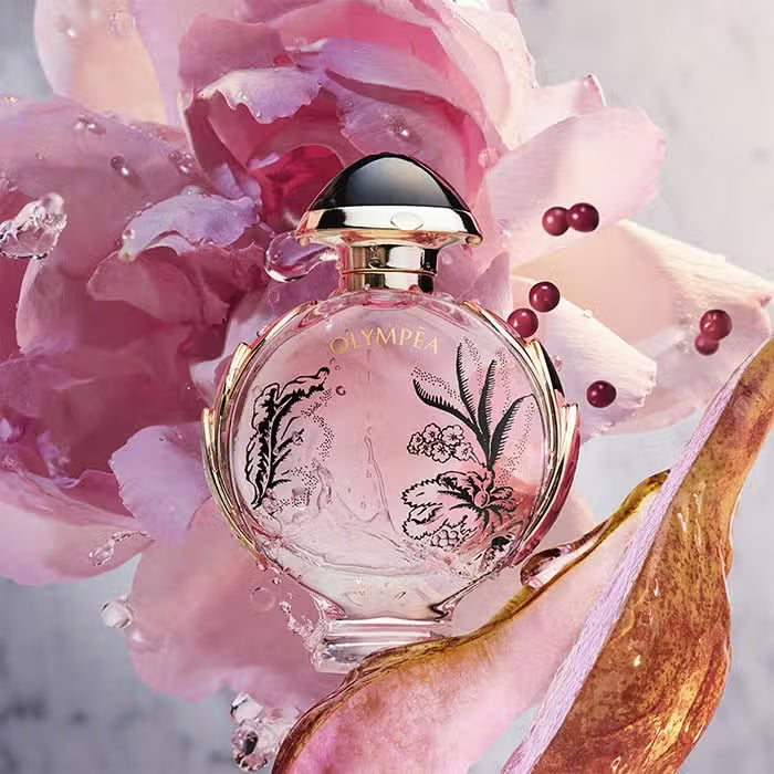 Paco Rabanne Olympea Blossom Eau de Parfum 50ml spray bottle with floral-themed packaging and elegant design.