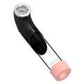 Black and clear vacuum pump with pressure gauge and pink silicone sleeve on white background