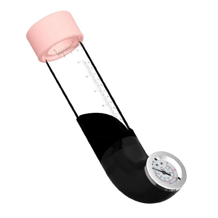 Vacuum enlargement pump with dial gauge, clear cylinder and pink silicone sleeve
