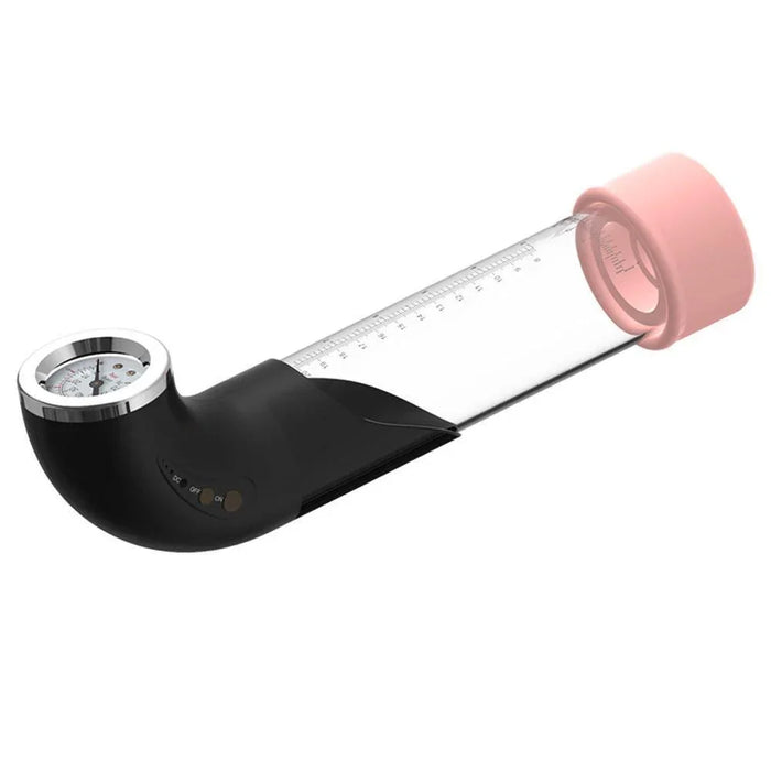 Vacuum pump for men with pressure gauge, black handle, clear cylinder, and pink silicone sleeve.