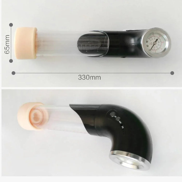 Vacuum pump for men with measurement gauge, 330mm length and 65mm diameter, shown in two angles